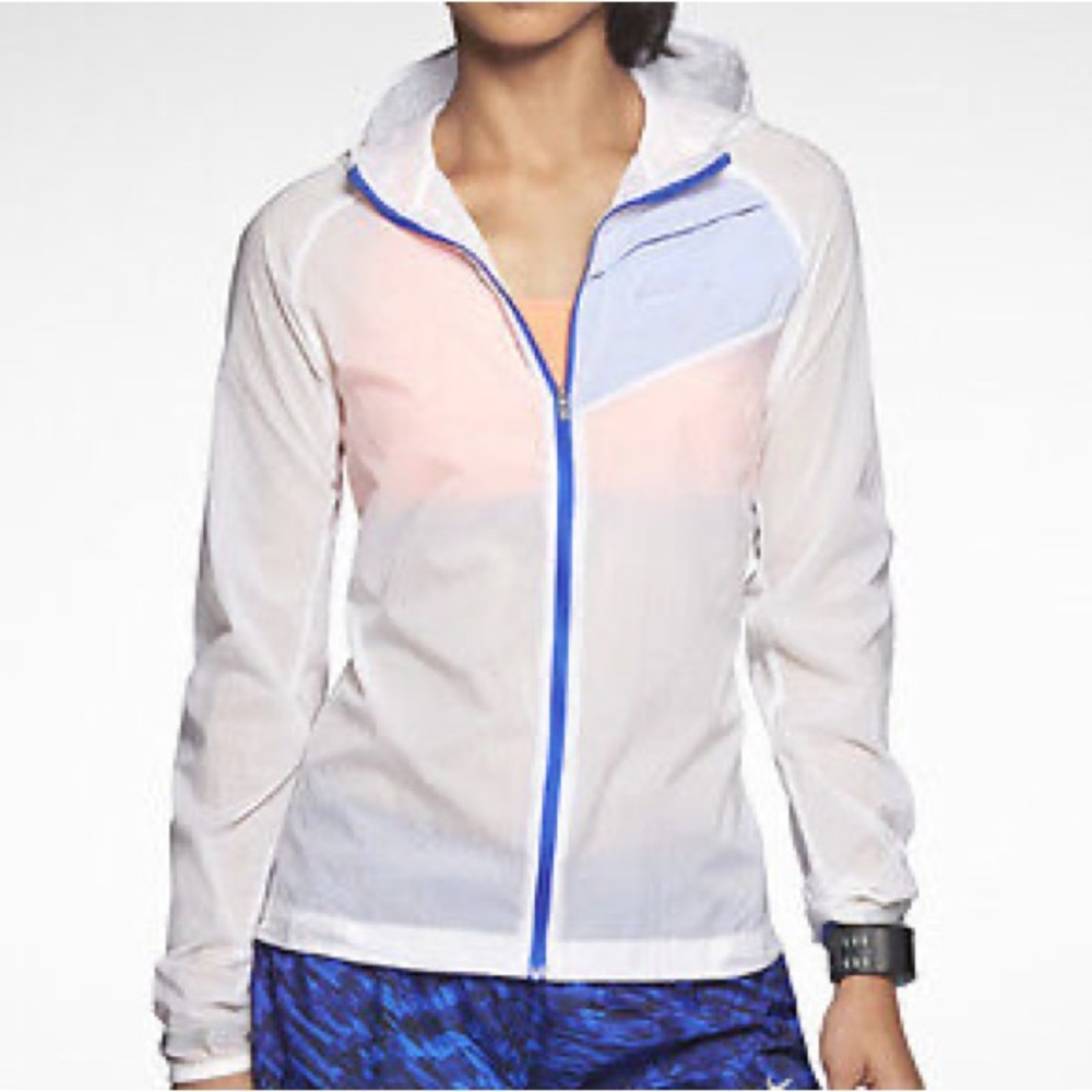 Nike Women's White Jacket with Blue Trim and Pastel Pink Accents